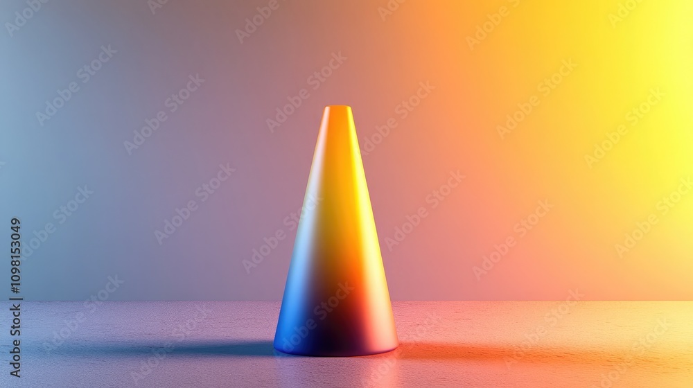 Poster abstract geometric cone shape on a textured surface, illuminated by vibrant light in shades of orang