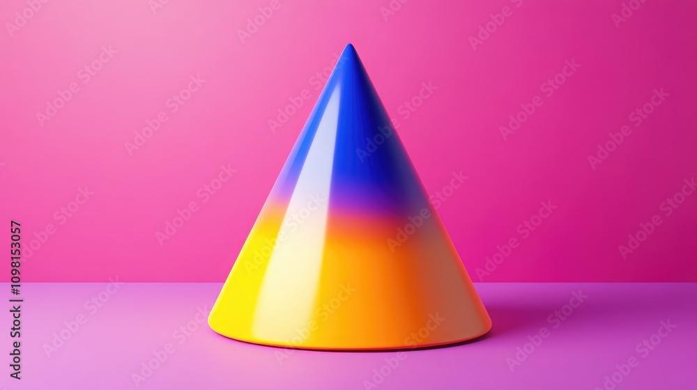 Poster vibrant geometric cone sculpture on soft pink background with gradient colors transitioning from yel