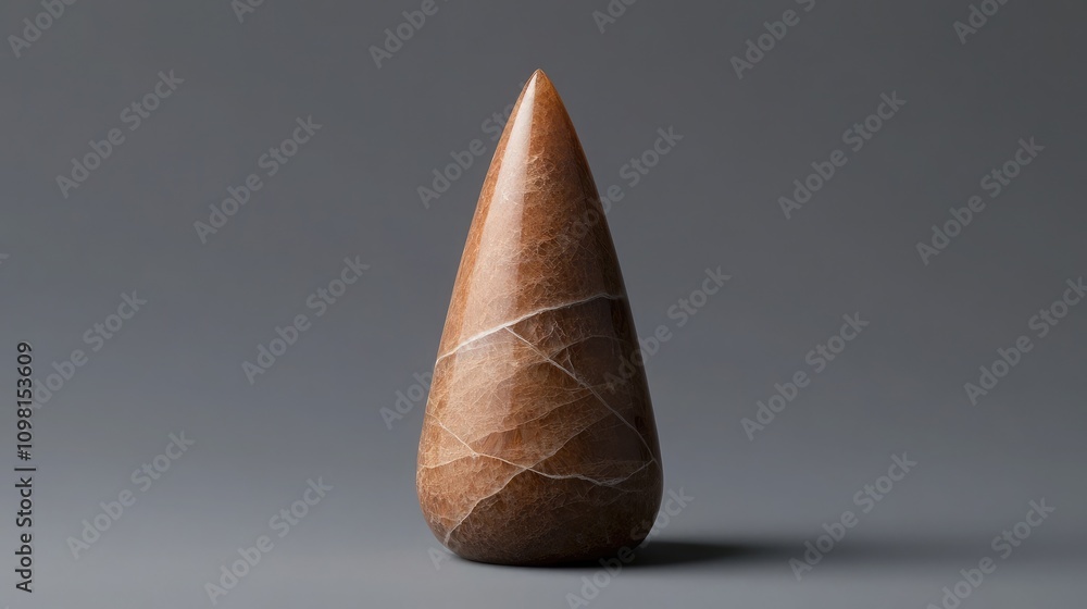 Poster elegant brown stone sculpture on gray background featuring smooth surface and unique patterns, perfe