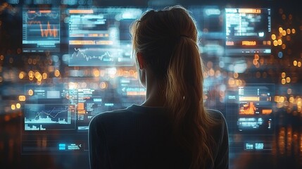 Futuristic Businesswoman Navigating Holographic Business Data Interface