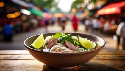 Tasty Vietnamese pho with beef, rice noodles, herbs, and lime in a lively market. Generative AI