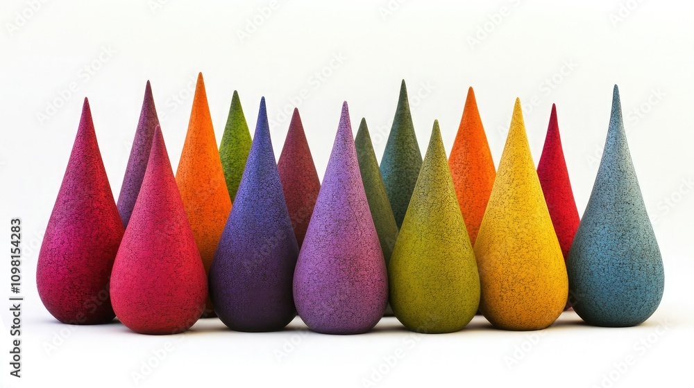 Poster colorful teardrop shapes arranged in a unique pattern on a white background, showcasing vibrant hues