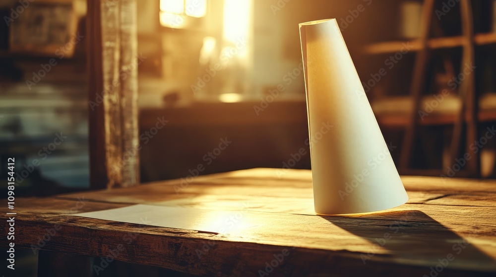 Poster simple white cone on wooden table in soft natural light with warm tones and gentle shadows, evoking 