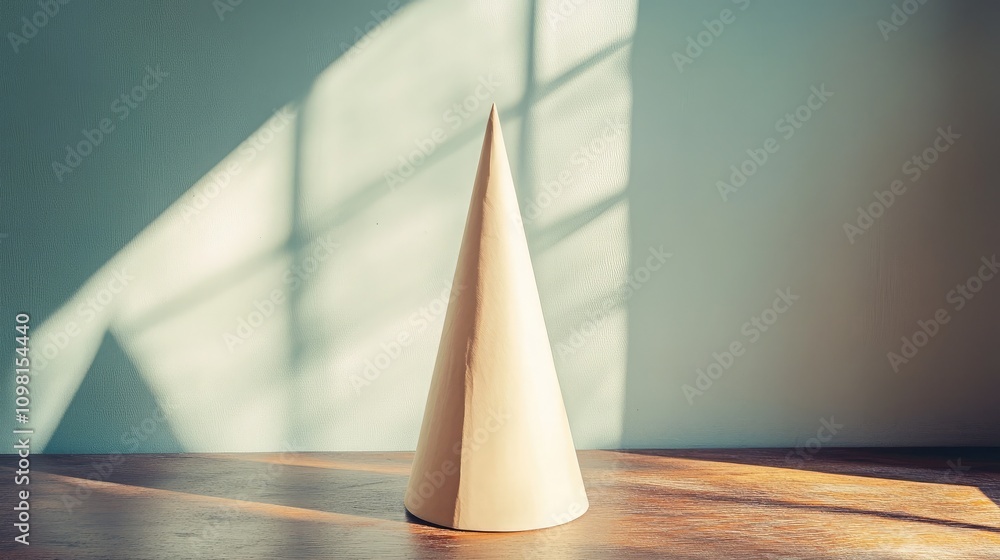 Aufkleber minimalist cone shape on wooden surface with soft shadows and warm light creating an aesthetic atmos