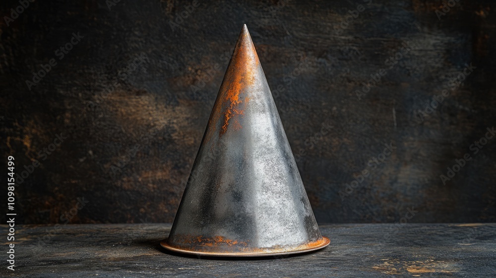 Poster rusty metallic cone sculpture standing on a weathered tabletop with dark textured background showcas