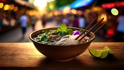 Discovering the flavors of traditional Vietnamese pho with beef and fresh herbs at a bustling market. Generative AI