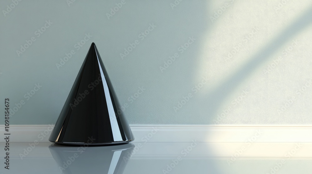 Poster elegant black cone shaped object in minimalistic modern interior setting with soft natural lighting 