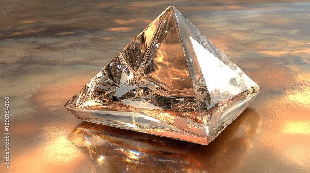 Poster crystal pyramid on reflective surface with golden hues capturing light and creating beautiful patter