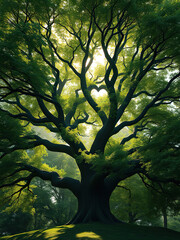 Fototapeta premium Dense thicket of twigs and leaves creates a unique heart-shaped silhouette in the center of a tree's canopy , canopy, nature, silhouetted, tree