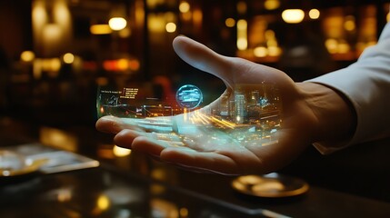 A Hand Holds A Holographic Cityscape Projection