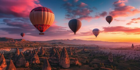 Naklejka premium Colorful hot air balloons soar over a stunning desert landscape at sunset. created by ai