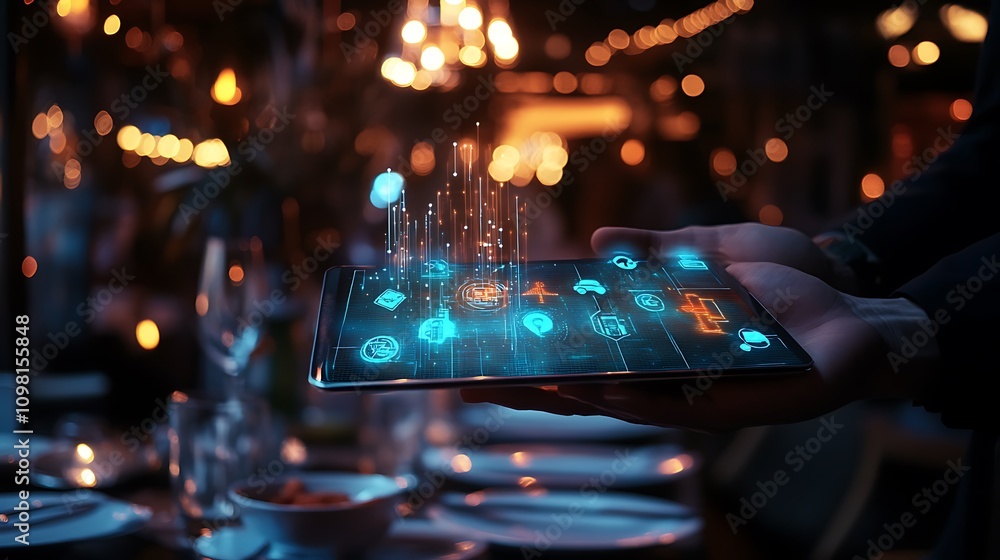 Poster hands holding tablet displaying digital interface icons