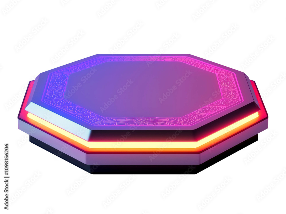 Poster octagonal neon platform featuring vibrant glowing lights and intricate patterns on the surface, idea