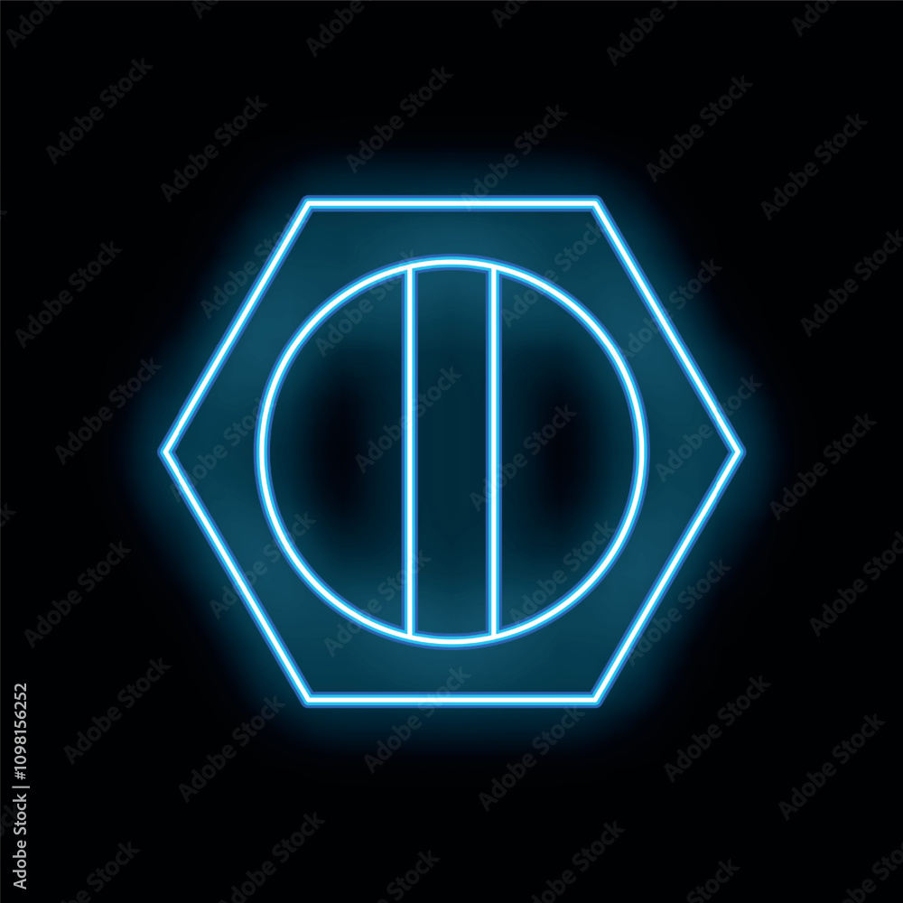 Poster glowing neon blue hexagonal shape surrounding a circle with three vertical lines, creating a futuris