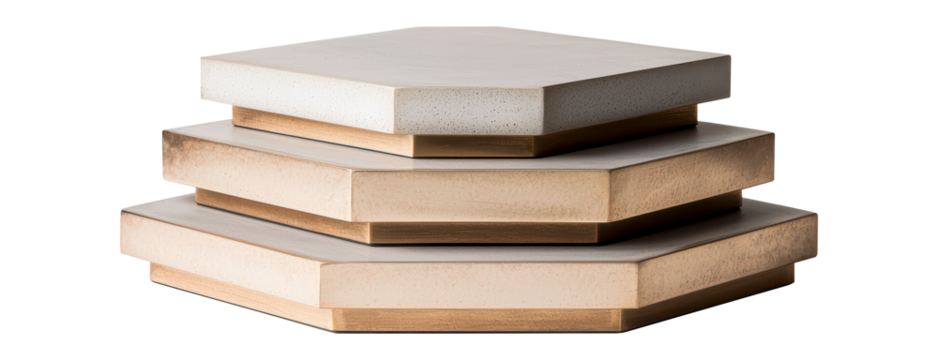 Stacked hexagonal blocks with a textured finish and natural tones, ideal for design elements or architectural inspiration. Isolated on transparent background, png.
