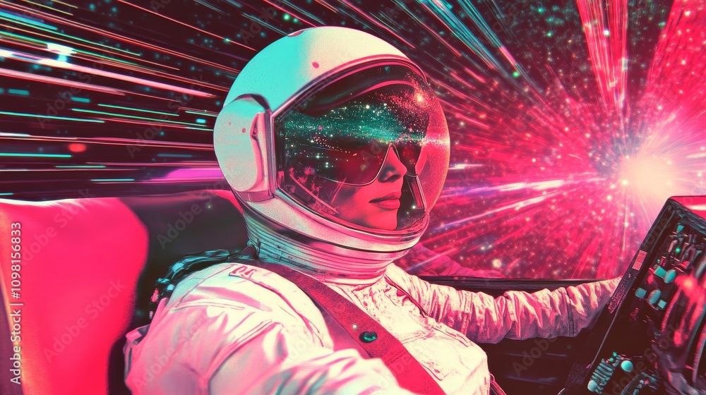 Poster a retro-styled astronaut pilots a spacecraft, surrounded by vivid, streaking lights. this image merg
