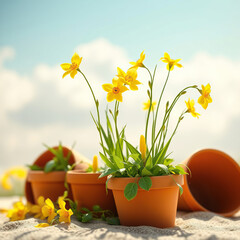 Fresh yellow flowers growing amidst overturned gardening pots in the springtime, outdoor beauty, gardening essentials
