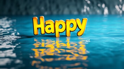 Glowing 'Happy' Sign Submerged in Tranquil Pool,Creating Mesmerizing Reflections