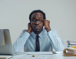 office worker in his thirties is sitting at the desk with an expressionless face