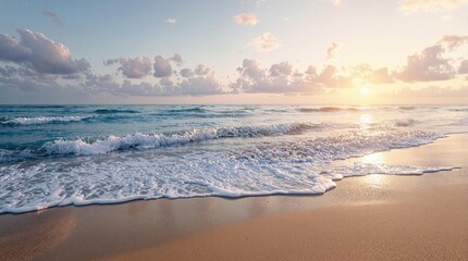 Fototapeta premium Gentle ocean waves on a calm beach at sunrise, clouds, beach scenery, ocean, wave