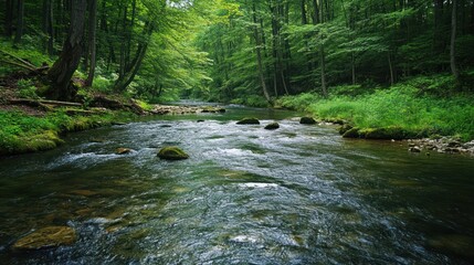 Obraz premium Flowing stream surrounded by dense green forest in summer.