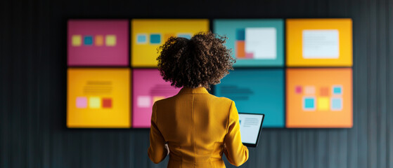 a person giving a presentation, A professional woman in a yellow blazer examines colorful wall displays while using a laptop in a modern office.