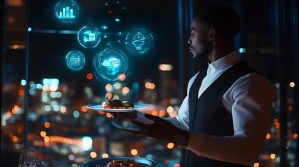 Waiter Serving Food with Futuristic Technology Overlay