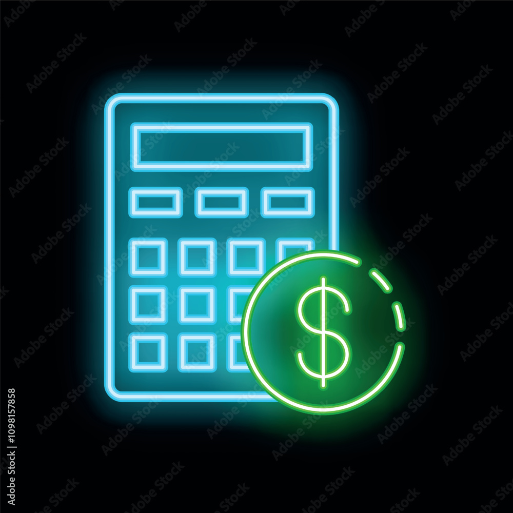 Poster glowing neon sign of a calculator calculating a sum of money, perfect for representing financial con