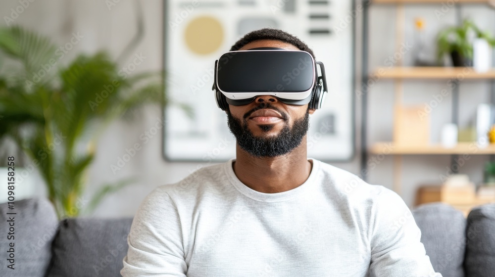 Poster man using virtual reality headset for immersive digital entertainment and collaborative workspace