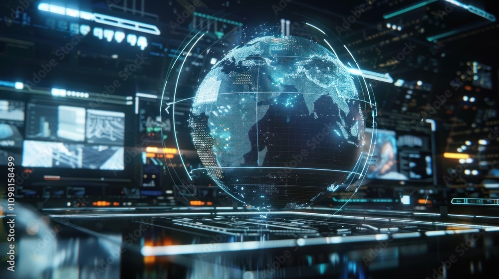 Aufkleber a futuristic digital globe surrounded by data displays and technology interfaces.