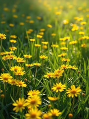 Obraz premium Group of yellow common tansies in a green meadow, herbal, sunny day, wilderness, serene, ornamental