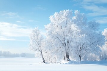 Fototapeta premium Winter landscape with frosted trees under a clear blue sky.