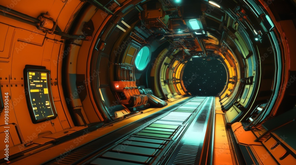 Poster a futuristic sci-fi corridor illuminated by vibrant orange and teal lights, leading to a distant spa