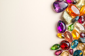 Colorful gemstones arranged on light background, showcasing vibrant hues and various shapes. gems create stunning visual display, perfect for artistic projects