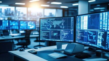 Naklejka premium A modern office workspace with multiple monitors displaying data and analytics.