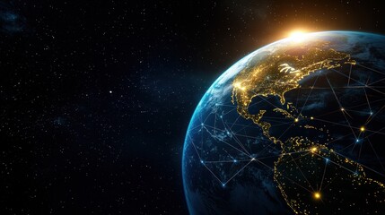 Obraz premium visualize global international digital Concept. A stunning view of Earth from space, showcasing illuminated cities and a glowing horizon, symbolizing connectivity and the beauty of our planet.