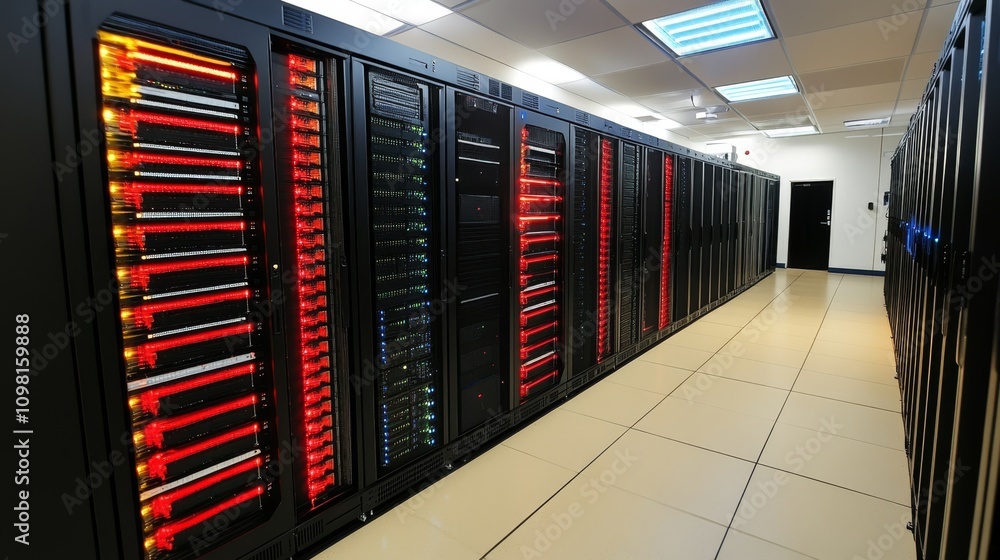 Poster a futuristic server room featuring rows of black and red glowing data racks in a clean, brightly lit