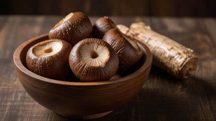 Dried shiitake mushrooms in a wooden bowl on a dark wooden table.