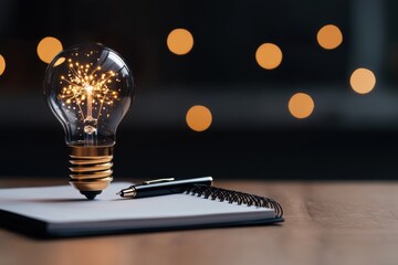 creative workspace, bright ideas shine with motivation quotes on a wooden desk with a notepad and pen