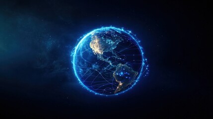 Fototapeta premium A glowing, digital representation of Earth, showcasing interconnected networks and vibrant colors against a dark backdrop.