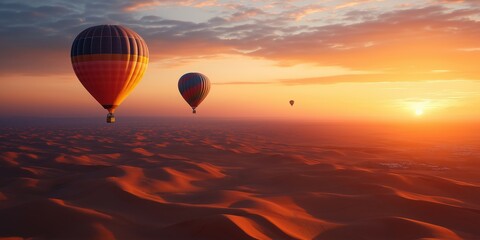 Obraz premium Colorful hot air balloons soar over a stunning desert landscape at sunset. created by ai