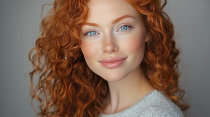 Fototapeta premium A beautiful close-up portrait of a young woman with striking red curly hair and blue eyes. She wears a light sweater and has a gentle expression, ideal for lifestyle, beauty, and fashion photography