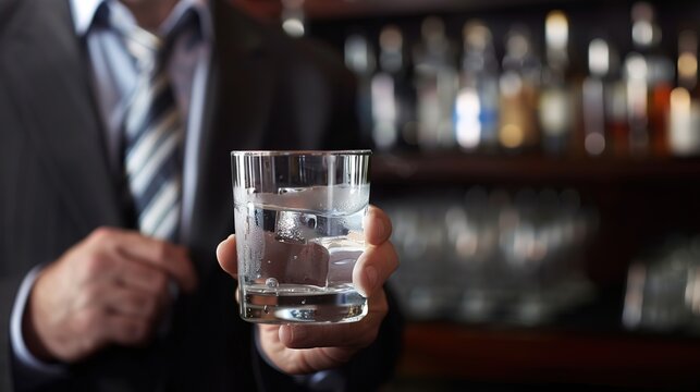 Man in suit holding glass of water, symbolizing sobriety and alcohol safety, amidst bar counter with empty alcohol bottles.