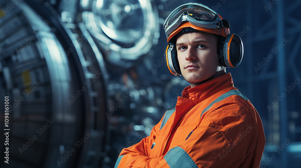 Poster portrait of a worker in industrial attire standing confidently in front of machinery