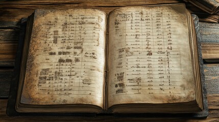 Obraz premium Open antique ledger book with aged, handwritten entries on yellowed pages, resting on a wooden surface.