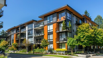 Obraz premium A stylish apartment exterior with bold architectural features and greenery.