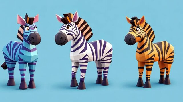 Three cartoon zebras in blue, white, and orange.