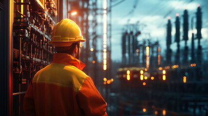 Obraz premium Supervising electrical engineer ensuring efficient power distribution at an electrical substation
