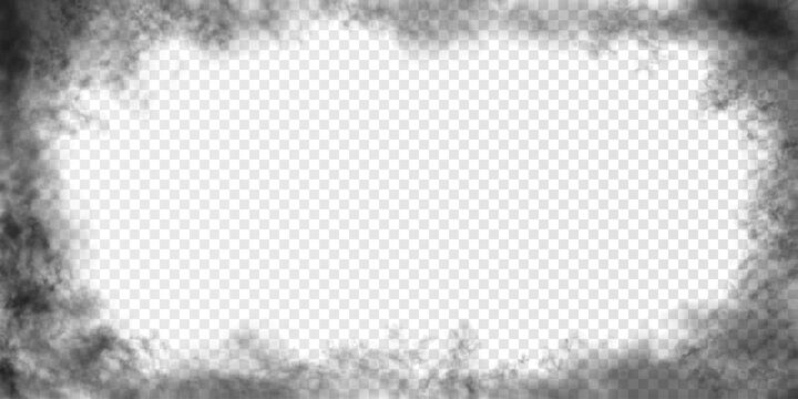 Black realistic clouds around the 2 to 1 side horizontal ractangular frame with empty space for text or inscription. Vector smog or stormy like cloudiness isolated on transparent background
