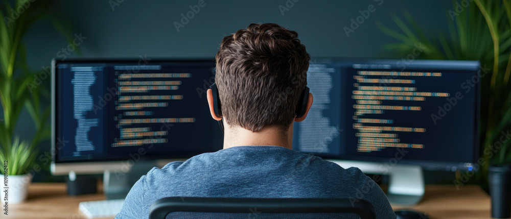 Aufkleber remote programming session modern office digital workspace indoor environment focused view technolog